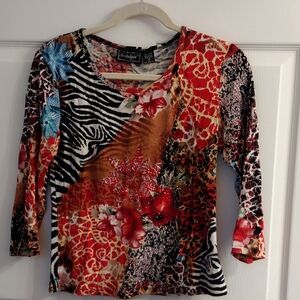 NOSTALGIA Animal/Floral Collage Print Beaded Top, S
